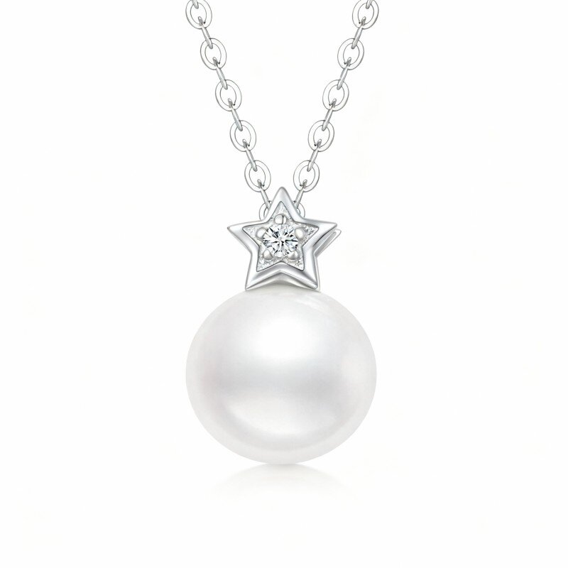 Colar com pendente estrela em ouro branco 10K com pérola de corte redondo-1
