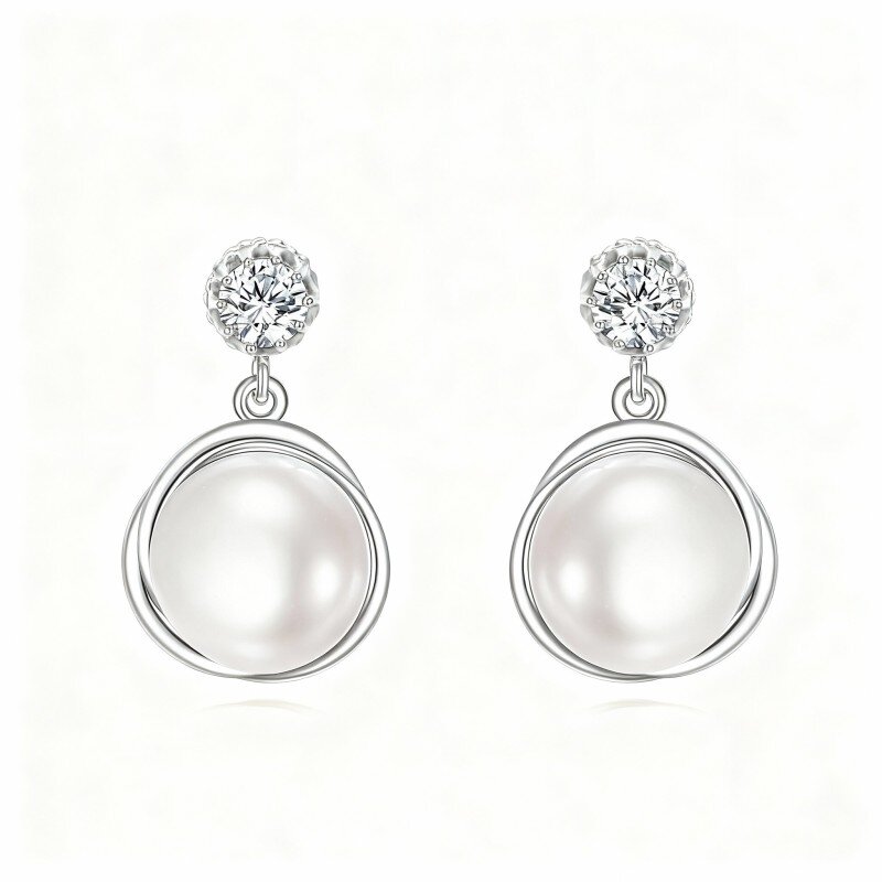 Brincos de pérola redonda em ouro branco 10K-14