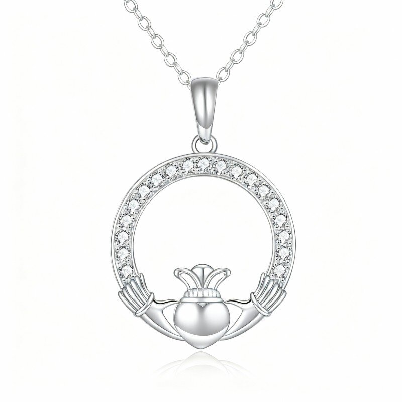 10K White Gold Round Cut Cubic Zirconia Round Pendant Necklace-6