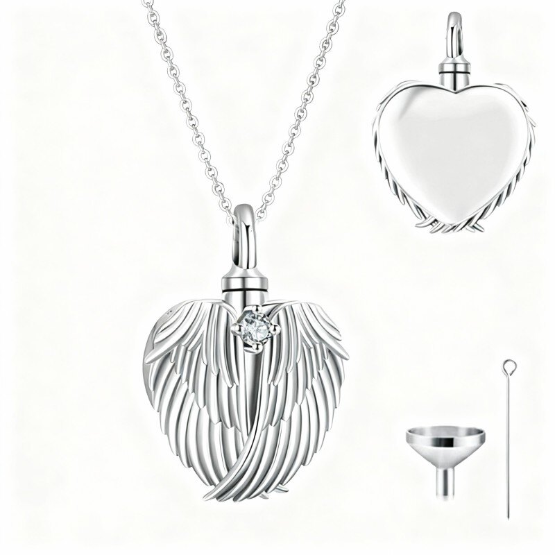 Collar urna para cenizas con circonita cúbica redonda de oro blanco de 10 quilates, piedra natal personalizada, ala de ángel y corazón.-18