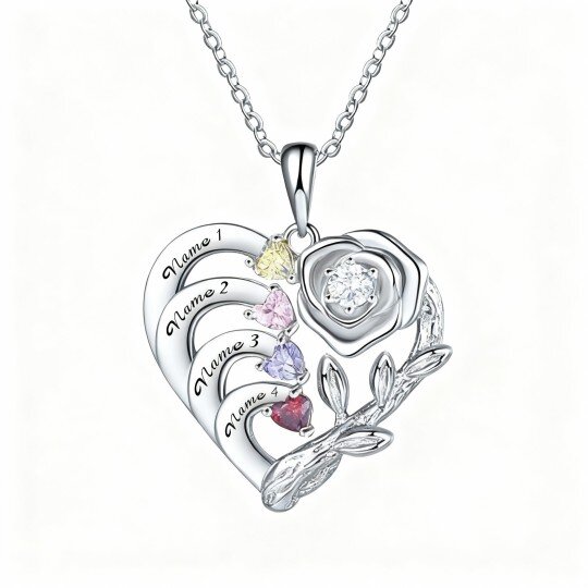 Colar com pendente personalizado em ouro branco de 10 quilates com zircónia cúbica de corte redondo, pedra de nascimento, nome clássico e coração.