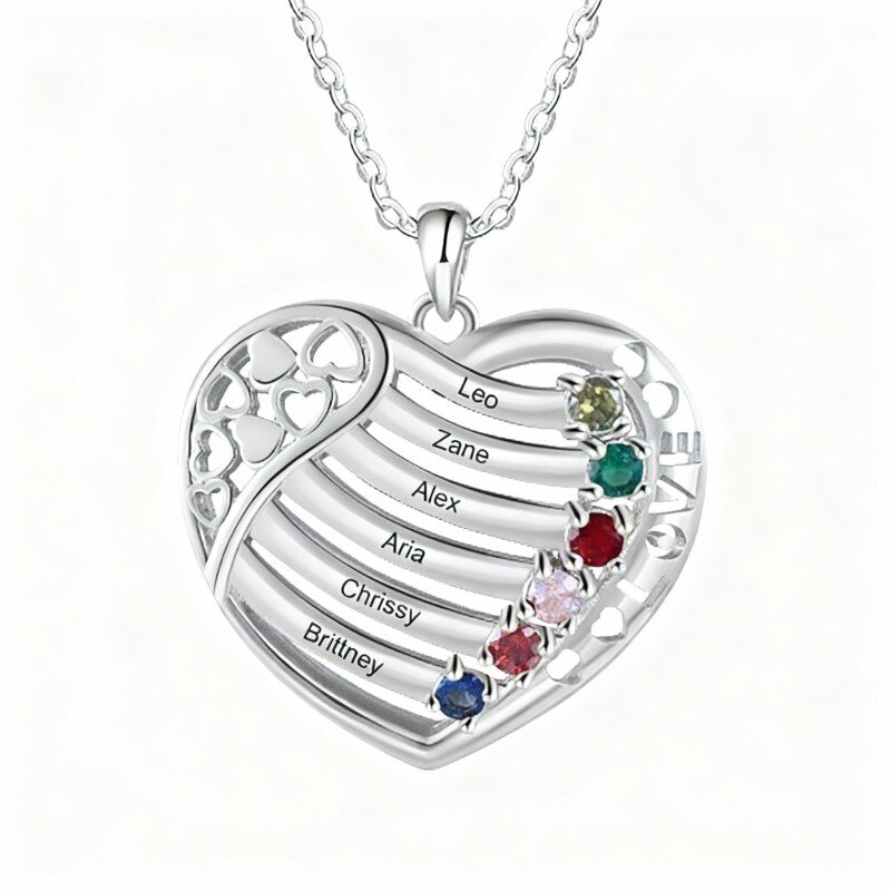 10K White Gold Round Cut Cubic Zirconia Personalized Birthstone & Personalized Classic Name & Heart Pendant Necklace-1