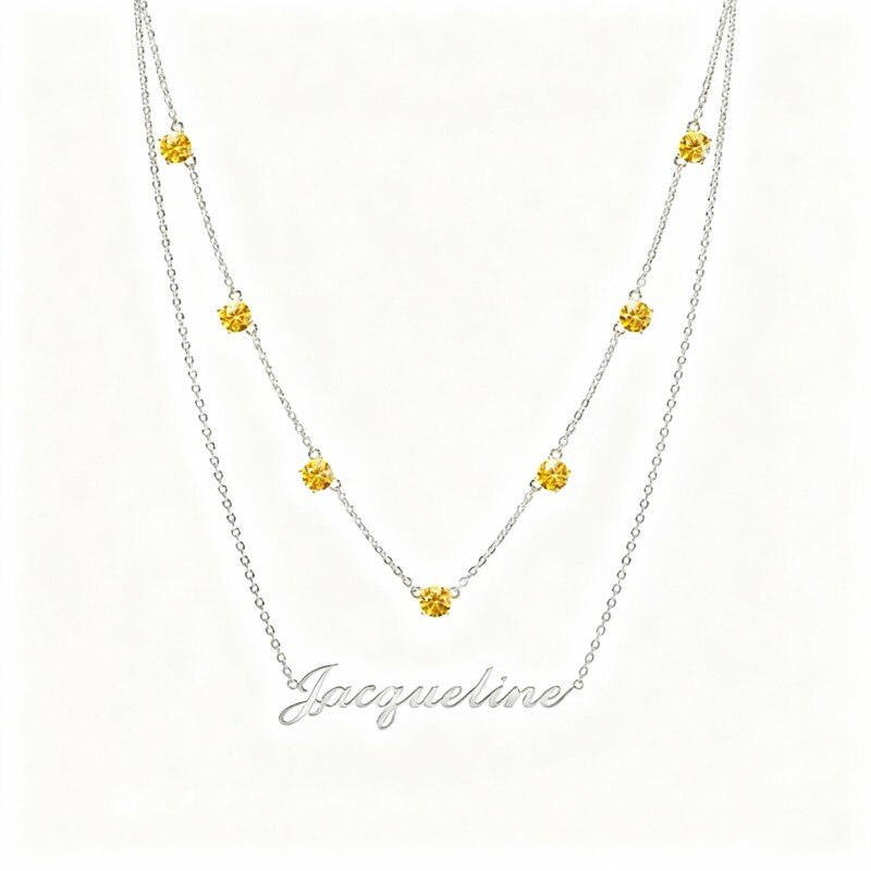 18K White Gold Round Cut Cubic Zirconia Personalized Birthstone & Personalized Classic Name Layered Necklace-1