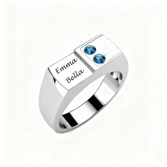 Herrenring aus 10-karätigem Weißgold mit rundem Zirkonia im personalisierten Geburtsstein- und Namensdesign