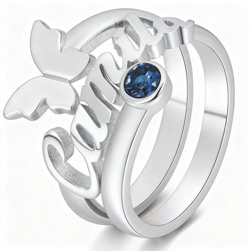Schmetterlingsring aus 10-karätigem Weißgold mit rundem Zirkonia, personalisiertem Geburtsstein und personalisierter Gravur-15