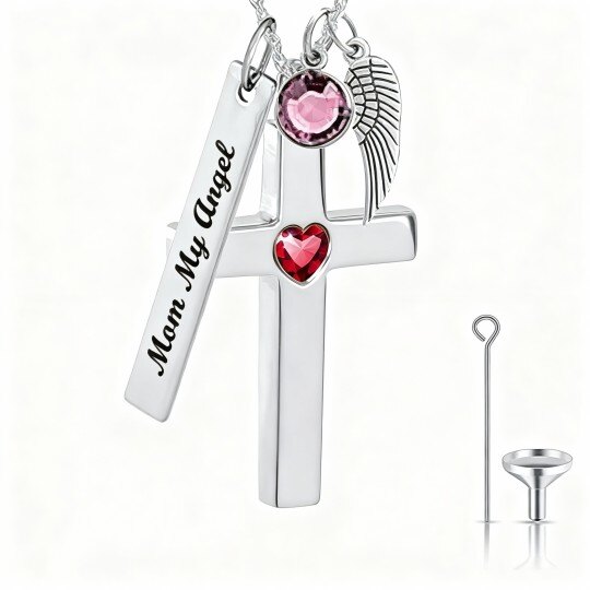 10Kホワイトゴールドラウンドカットキュービックジルコニアパーソナライズ誕生石＆パーソナライズ彫刻＆遺灰用クロス骨壷ネックレス