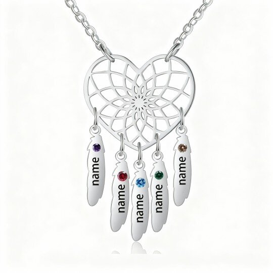 9K White Gold Round Cut Cubic Zirconia Personalized Birthstone & Personalized Engraving & Dream Catcher & Heart Pendant Necklace