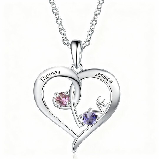 Collar con colgante de corazón, piedra natal personalizada, grabado personalizado y circonita cúbica de talla redonda en oro blanco de 18 quilates con palabra grabada.