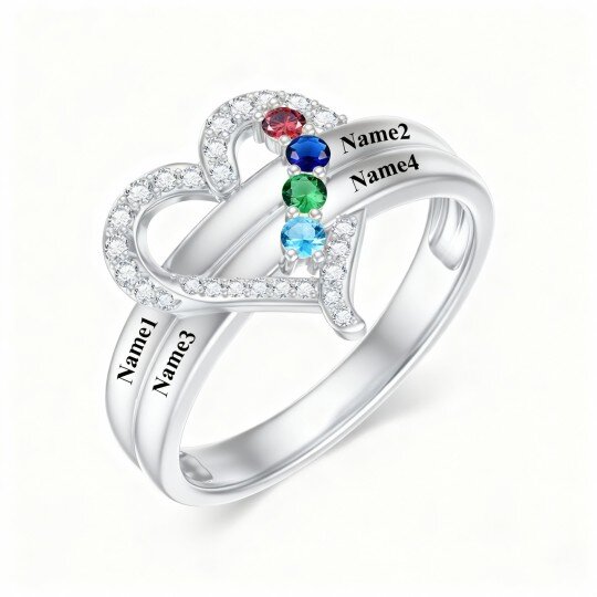 Anel em ouro branco de 10 quilates com zircónia cúbica de corte redondo, pedra de nascimento personalizada, gravação personalizada e pedra de nascimento em forma de coração.