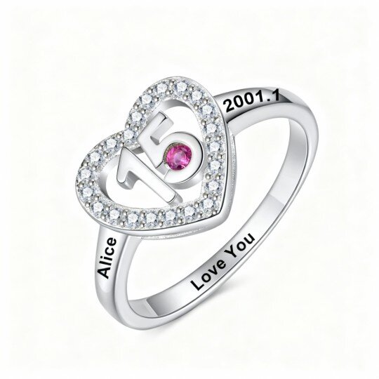 10K White Gold Round Cut Cubic Zirconia Personalized Birthstone & Personalized Engraving & Heart Wedding Ring