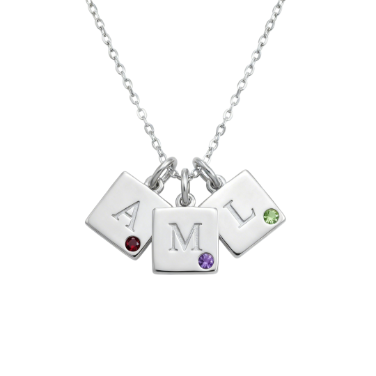 Подвеска-колье из белого золота 10 карат с круглыми кубическими цирконами, персонализированным камнем по знаку зодиака и гравировкой.