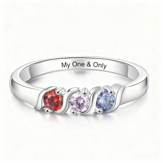 10K White Gold Round Cut Cubic Zirconia Personalized Birthstone & Personalized Engraving Birthstone Ring
