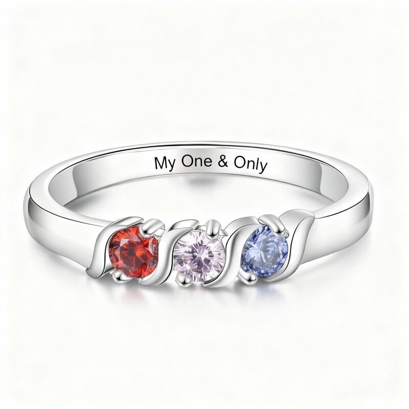 18K White Gold Round Cut Cubic Zirconia Personalized Birthstone & Personalized Engraving Birthstone Ring-1