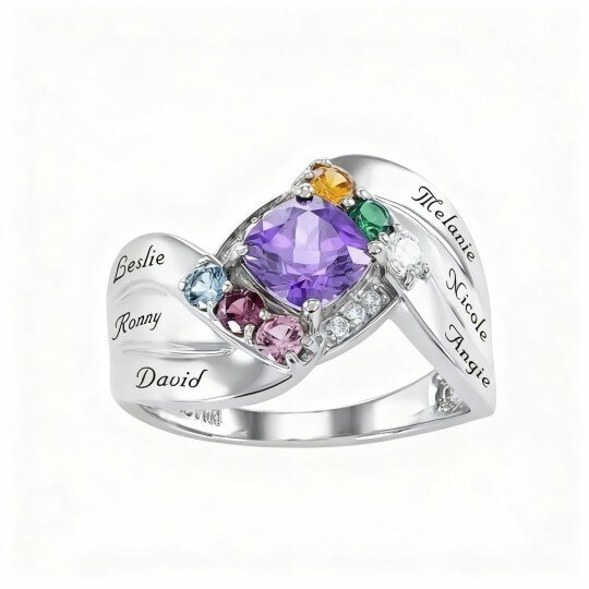10K White Gold Round Cut Cubic Zirconia Personalized Birthstone & Personalized Engraving Birthstone Ring