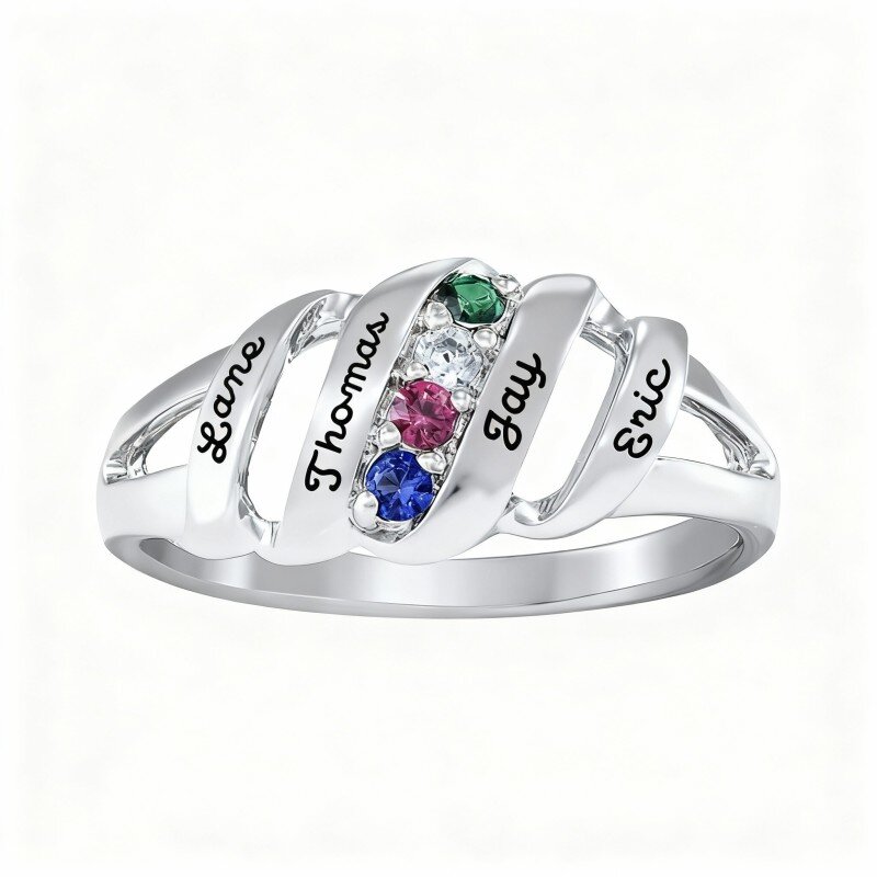 10K White Gold Round Cut Cubic Zirconia Personalized Birthstone & Personalized Engraving Birthstone Ring-1