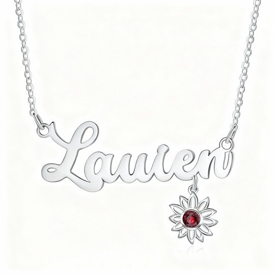 10Kホワイトゴールドラウンドカットキュービックジルコニア＆パーソナライズ誕生石＆パーソナライズ彫刻ひまわりペンダントネックレス