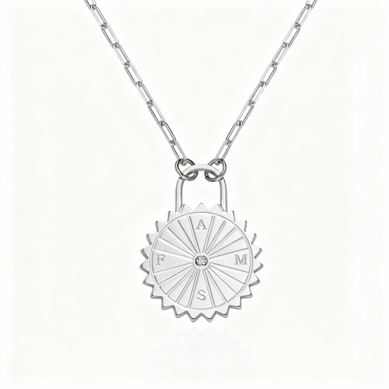 18K witgouden ronde geslepen kubieke zirkonia gepersonaliseerde geboortesteen & gepersonaliseerde beginletter & kompas & zonnemunt ketting-1