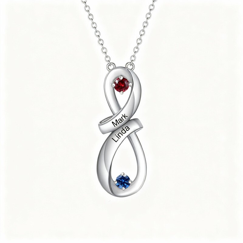 Collar con colgante de piedra natal personalizado en oro blanco de 14 quilates con circonita cúbica de corte redondo-1