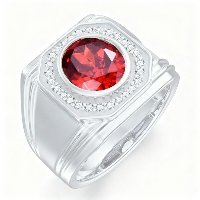 10K Weißgoldring mit rundem Zirkonia und personalisiertem Geburtsstein für Herren-8