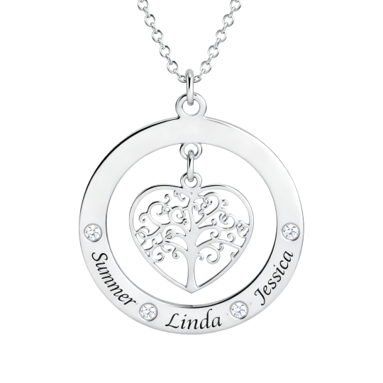 Collana con pendente personalizzato in oro bianco 10 carati con zirconi cubici taglio rotondo, pietra portafortuna e albero della vita, con possibilità di incisione.