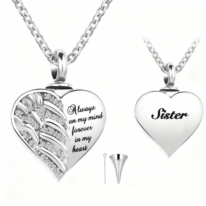 Collar con urna para cenizas de oro blanco de 10 quilates con circonita cúbica de talla redonda, grabado personalizado, ala de ángel y corazón.-1