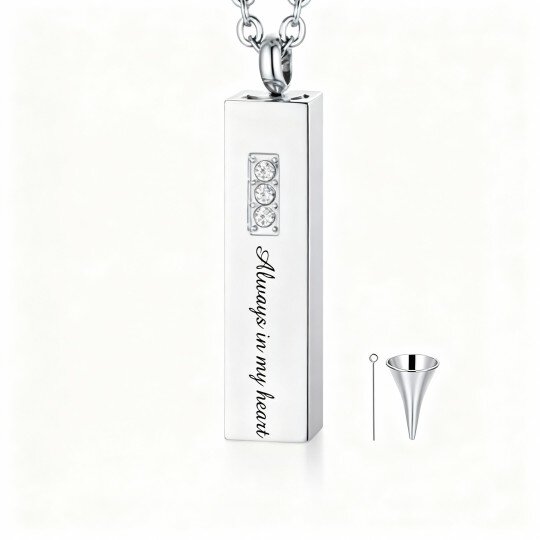 Collar con urna de oro blanco de 10 quilates con circonita cúbica de talla redonda, grabado personalizado y barra para cenizas