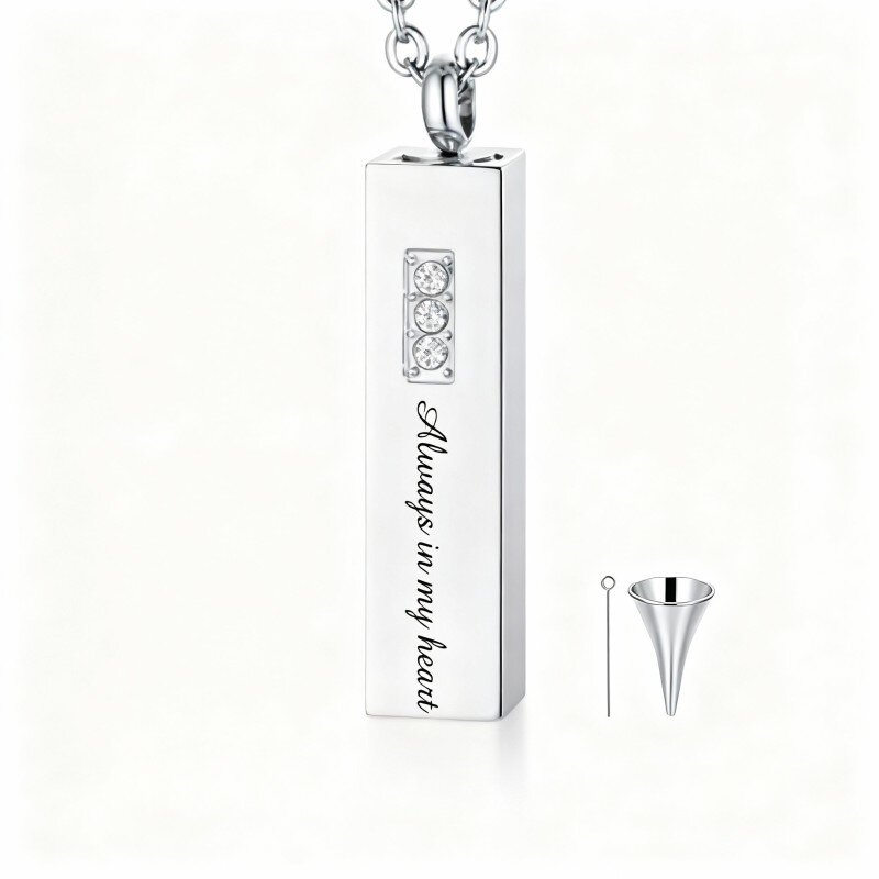 10K White Gold Round Cut Cubic Zirconia Personalized Engraving & Bar Urn Necklace for Ashes-1