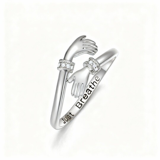 Anel aberto em ouro branco de 10 quilates com zircónia cúbica de corte redondo, gravação personalizada e design 