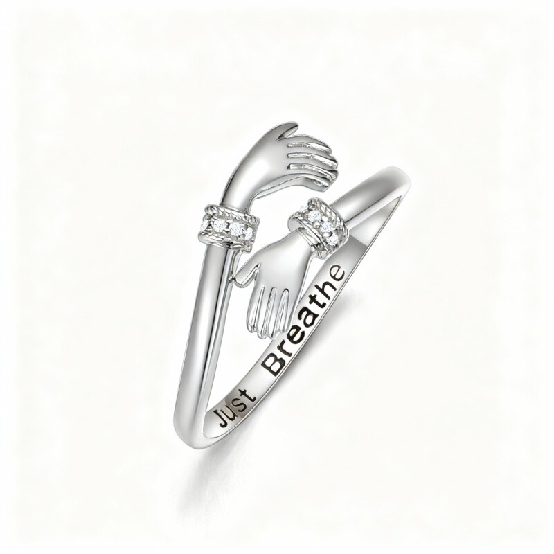 10-karatowe białe złoto z cyrkoniami sześciennymi w szlifie okrągłym, grawerowany, z otwartym pierścieniem-1