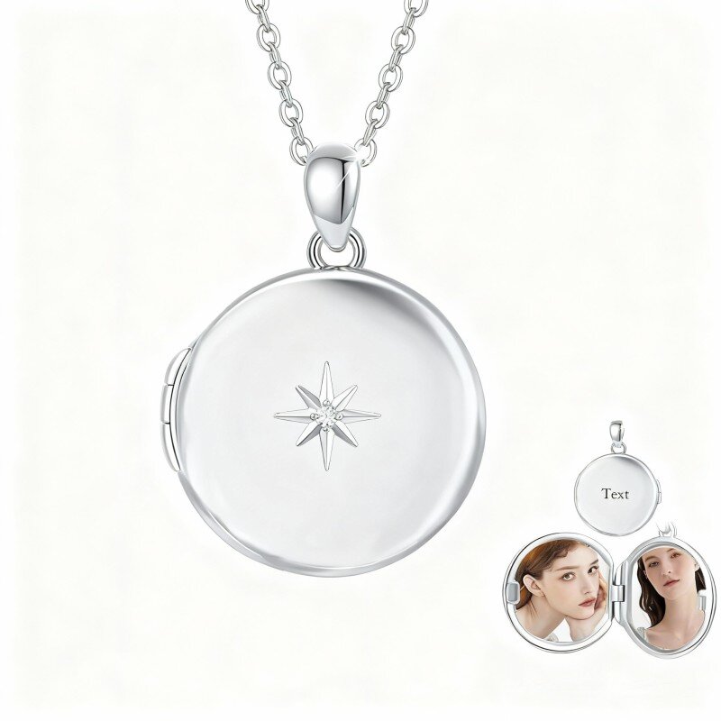 Collana con ciondolo con foto personalizzata in oro bianco 10K, zirconi cubici taglio rotondo, incisione personalizzata e foto personalizzata-1