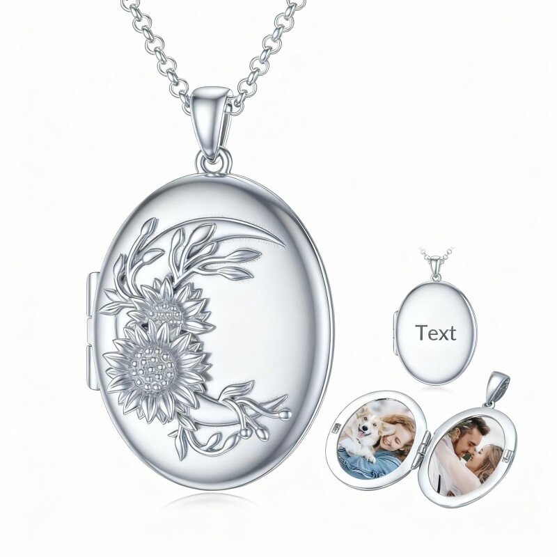 Colar com pendente personalizado em ouro branco de 14 quilates com girassol de corte redondo e gravação personalizada, além de foto personalizada.-1