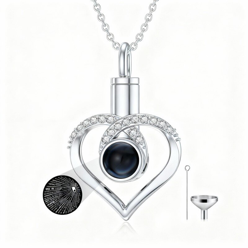 Platinum with White Gold Plated Round Cut Cubic Zirconia Personalized Projection & Heart Urn Necklace for Ashes-1