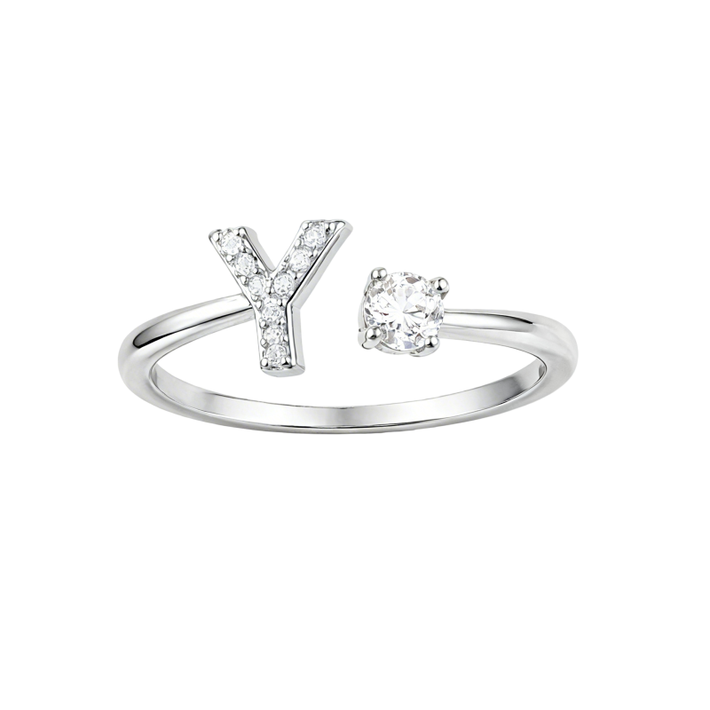 Anillo con inicial personalizada de oro blanco de 10 quilates, talla redonda y talla princesa.-1