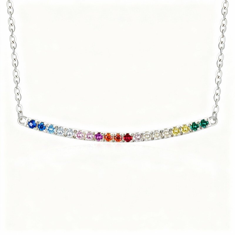 Colar em forma de barra com zircónias cúbicas de corte redondo em ouro branco de 9 quilates e detalhes em arco-íris.-14