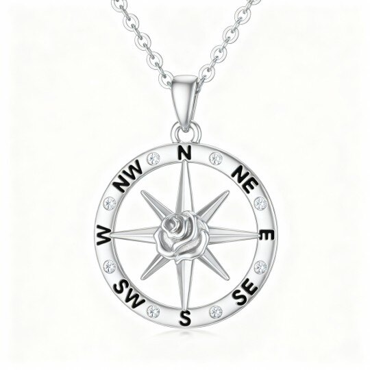 9K White Gold Round Cut Cubic Zirconia Rose & Compass Pendant Necklace
