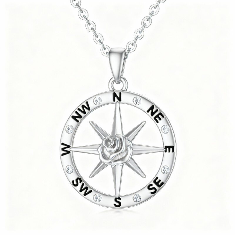 9K White Gold Round Cut Cubic Zirconia Rose & Compass Pendant Necklace-10