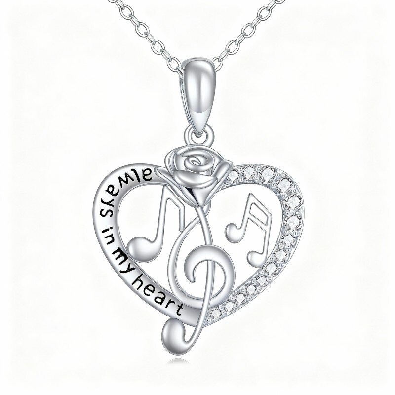10K White Gold Round Cut Cubic Zirconia Rose & Heart & Music Symbol Pendant Necklace with Engraved Word-10