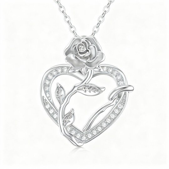 10K White Gold Round Cut Cubic Zirconia Rose & Heart Pendant Necklace