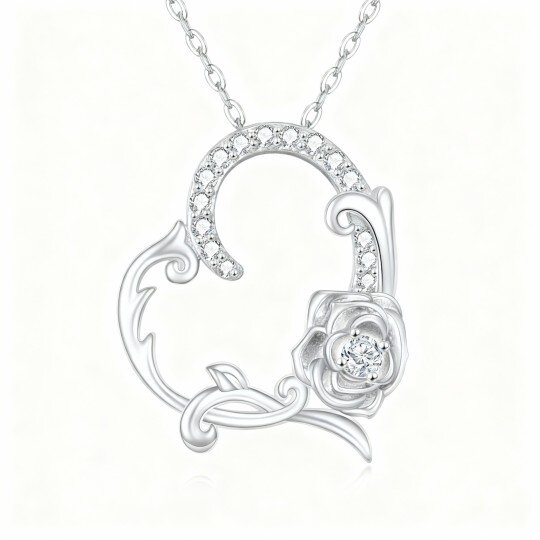 10K White Gold Round Cut Cubic Zirconia Rose & Heart Pendant Necklace
