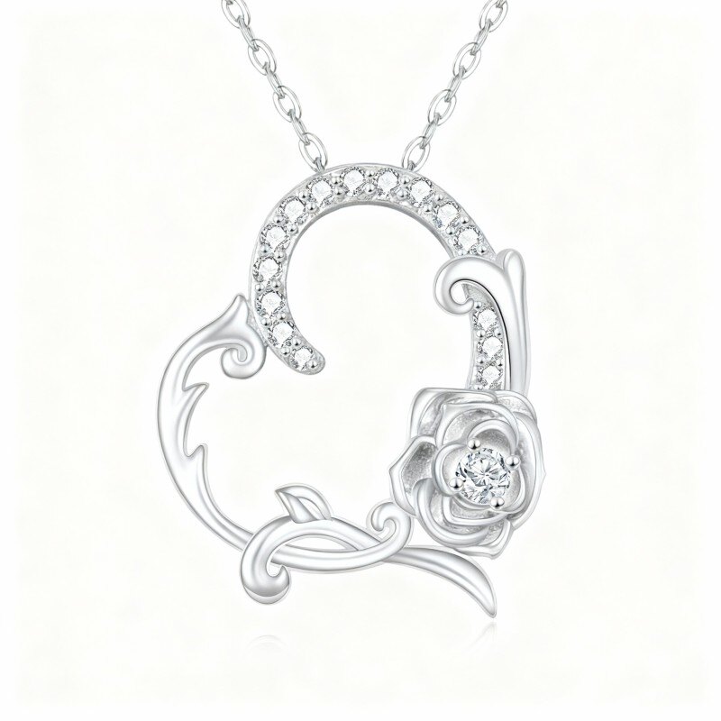 10K White Gold Round Cut Cubic Zirconia Rose & Heart Pendant Necklace-20