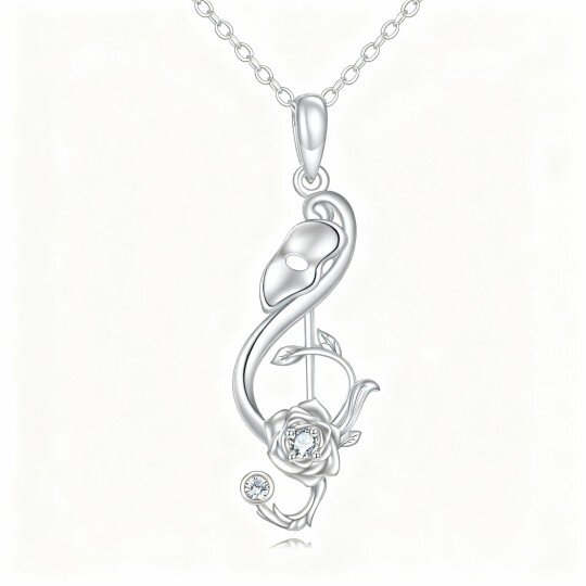 10K White Gold Round Cut Cubic Zirconia Rose & Music Symbol Pendant Necklace