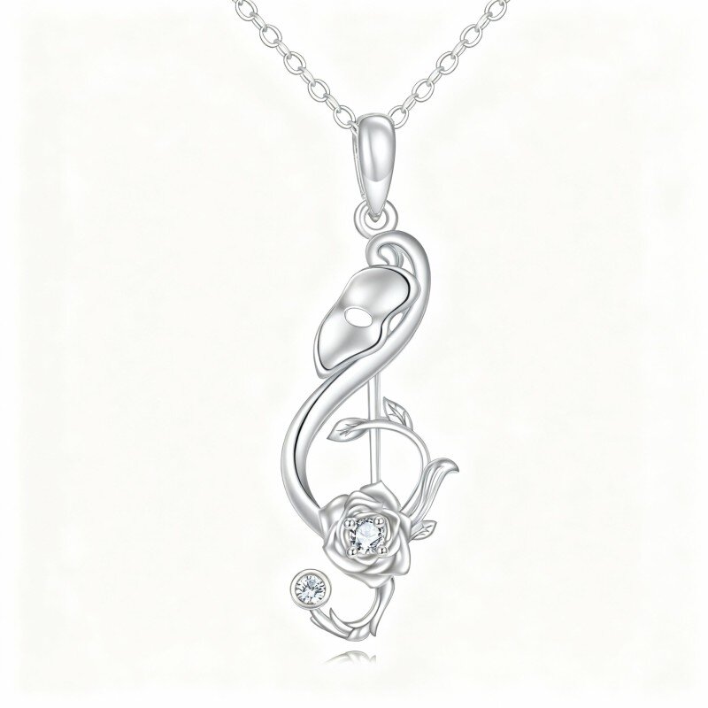 10K White Gold Round Cut Cubic Zirconia Rose & Music Symbol Pendant Necklace-16