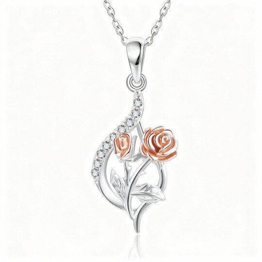 10K White Gold Round Cut Cubic Zirconia Rose Pendant Necklace
