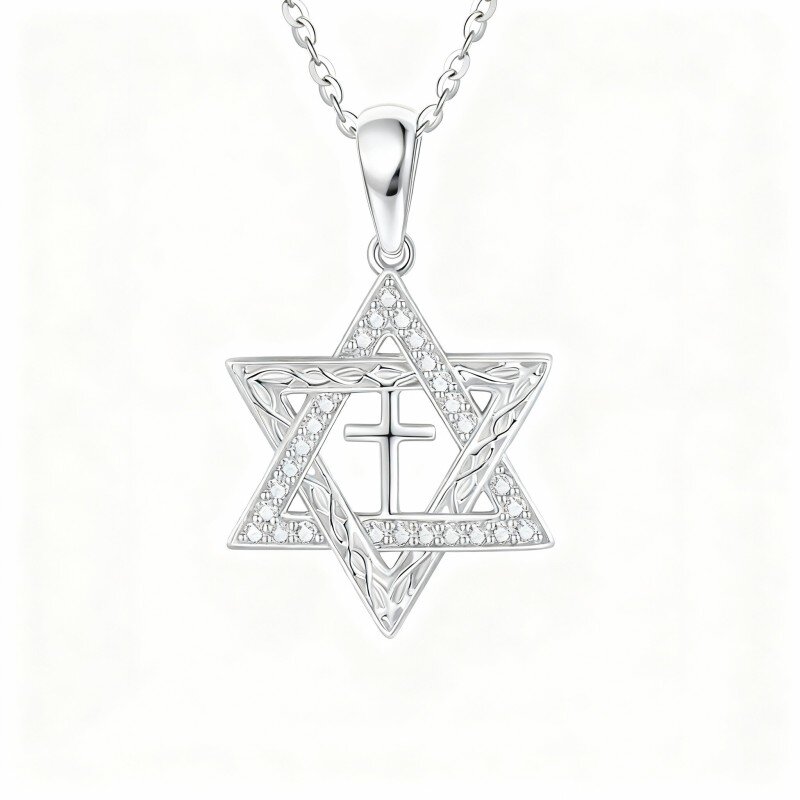 10K White Gold Round Cut Cubic Zirconia Star Of David Pendant Necklace-4