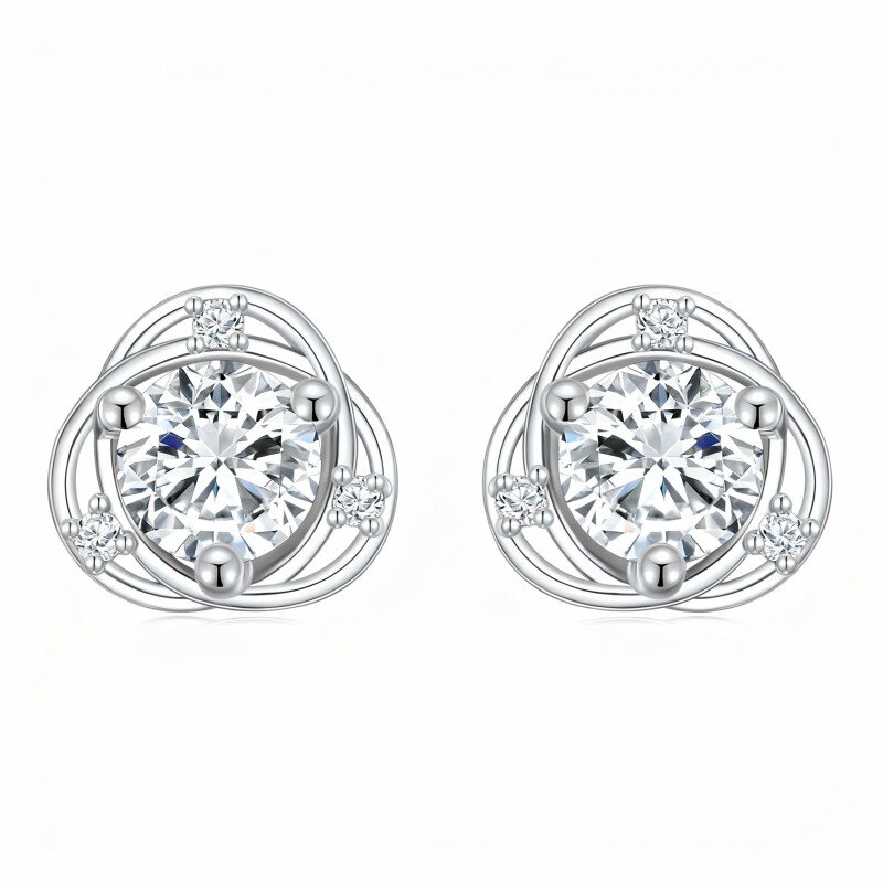 Orecchini a bottone rotondi in oro bianco 10K con zirconi cubici taglio rotondo-2