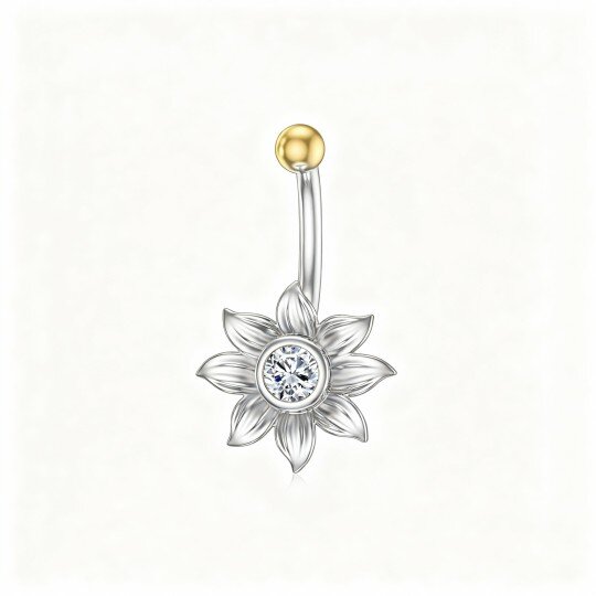 10K White Gold Round Cut Cubic Zirconia Sunflower Belly Button Ring
