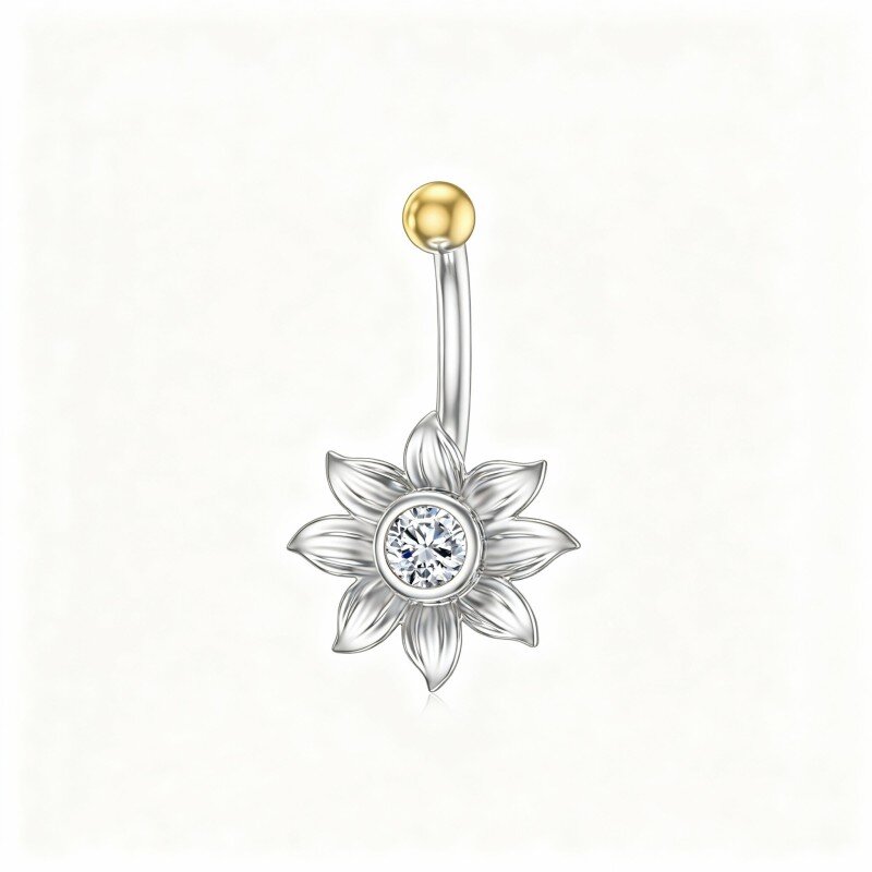 10K White Gold Round Cut Cubic Zirconia Sunflower Belly Button Ring-1