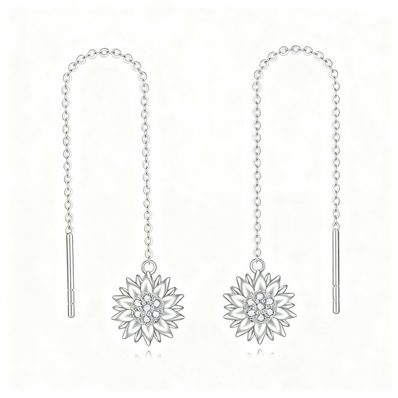 Pendientes colgantes de girasol con circonitas cúbicas de talla redonda en oro blanco de 10 quilates-5