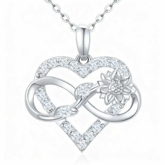 Colar com pendente de girassol, coração e símbolo do infinito em ouro branco de 10 quilates com zircónias cúbicas de corte redondo.