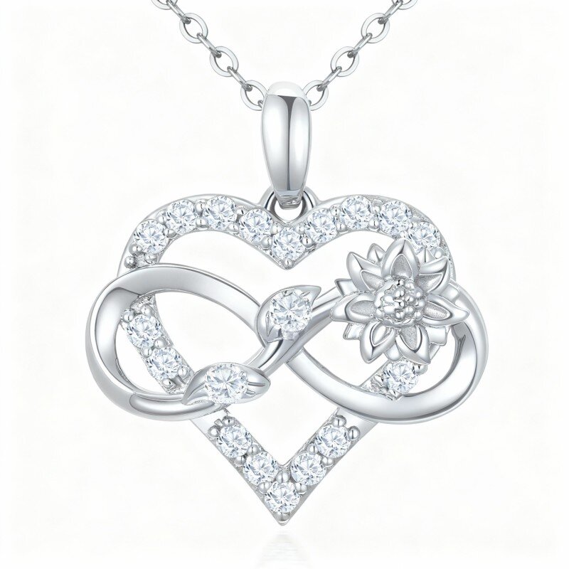 Colar com pendente de girassol, coração e símbolo do infinito em ouro branco de 10 quilates com zircónias cúbicas de corte redondo.-20